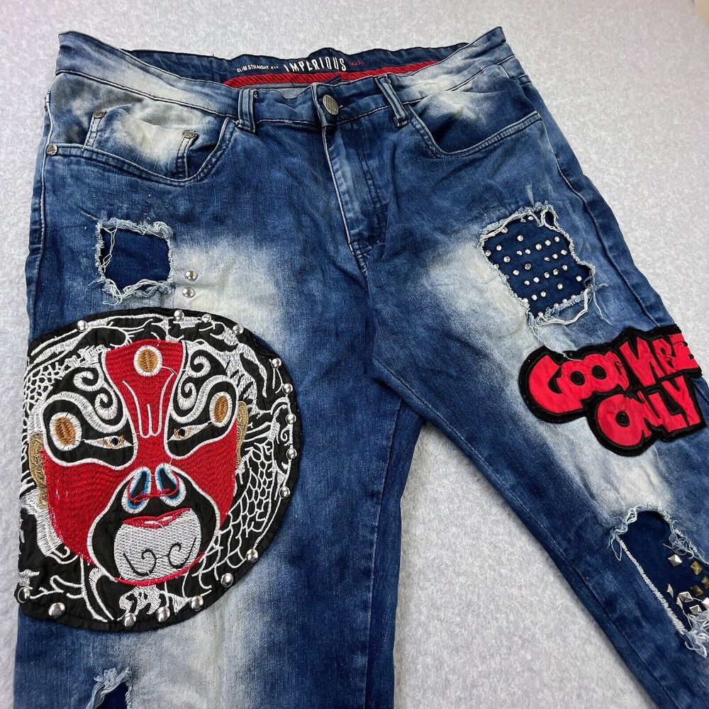 Imperious Slim Straight Jeans Mens 36 x 32 (38x32) Embroidery Grunge Lucha Libre